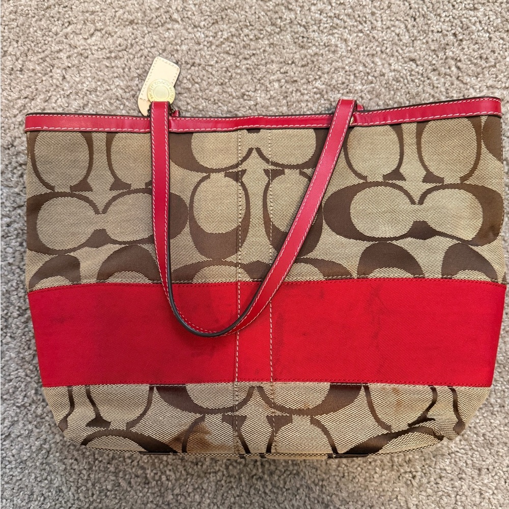 Coach Red and Brown Signature Tote